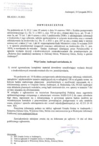 Obwieszczenie Wójta Andrespola w sprawie wydania decyzji środowiskowej dotyczącej budowy sieci kanalizacyjnej w Zielonej Górze.